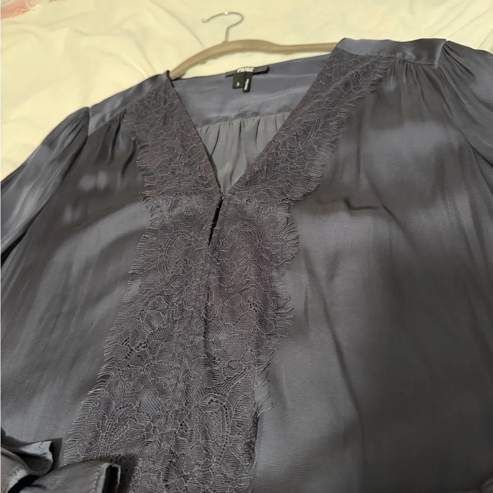 Paige Charcoal & Black Lace Trim Satin Blouse Women’s Small - Picture 2 of 4
